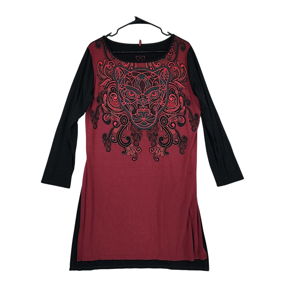 Ay Guey Tunic Top 4XL (XL) Women Burgundy Black Jaguar Rhinestone Graphic Mexico